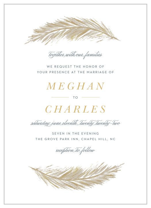 Your Falling Feathers Foil Wedding Invitations are written in a trio of typefaces- an elegant print, a soft script, and a bold monospace-  and adorned with gracefully floating feathers along the top and bottom borders.