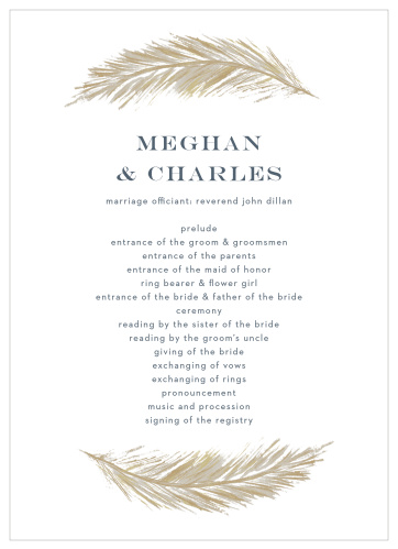 Guide your guests through each special moment and member of your wedding ceremony with our stunning Falling Feathers Foil Wedding Programs.