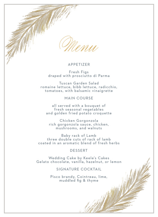 Prepare the perfect meal for your perfect wedding with our Falling Feathers Foil Wedding Menus.