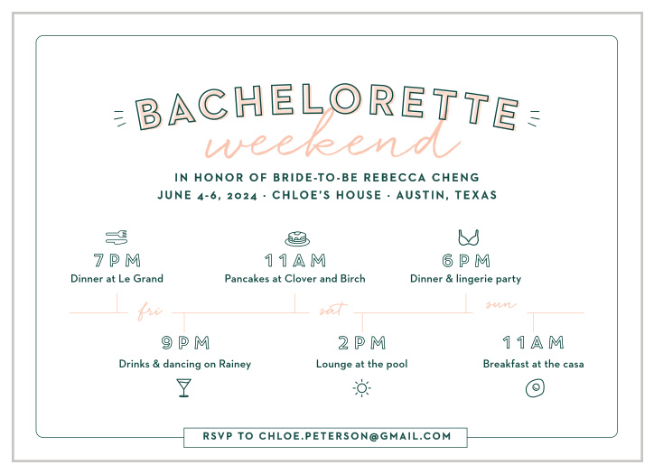 If you’re having a multi-day event, the Illustrated Itinerary Bachelorette Party Invitations are the cards for you!