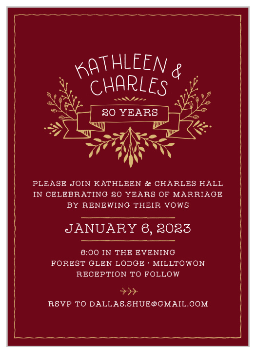 Celebrate your many years of love and adventure with the Floral Banner Foil Anniversary Invitations!