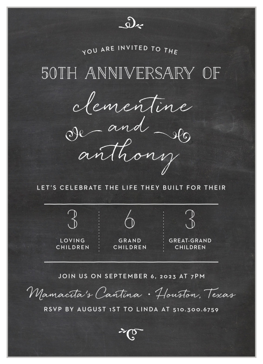 Commemorate your crazy, wonderful life together with the Painted Chalkboard Anniversary Invitations!