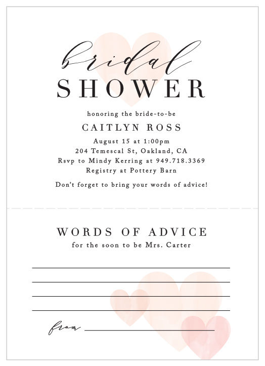 Choose our unique Advice Card Bridal Shower Invitations for kickstarting your event with a pre-party activity attached to the bottom of each card!