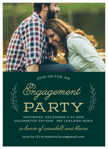 The Rustic Branches Engagement Party Invitations have your gorgeous engagement photo combined with retro, pseudo gold script that is contrasted atop a forest green background.