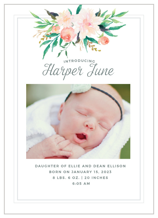 With a bouquet of watercolor flowers atop the page and a photo of your blossom in the center, our Blossoming Love Birth Announcements offer the newest member of your family a warm welcome into the world.