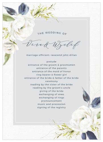 The Oil Paint Textured Wedding Programs are a vintage marvel, with a canvas background topped with painted blooms and elegant script.