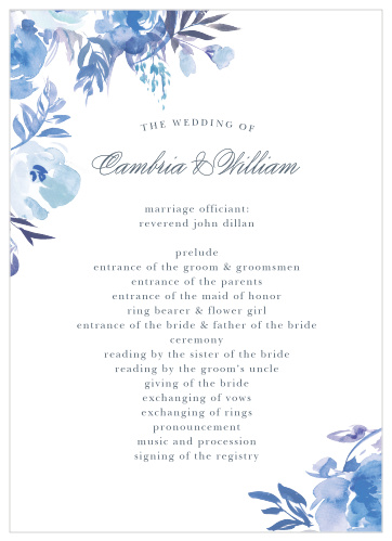 An array of monochromatic, watercolored wildflowers grace the edges of the Comely Wildflowers Wedding Programs.