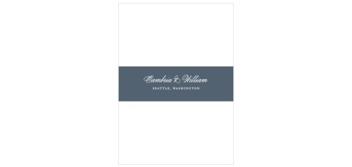 Colored granite blue, with a curling calligraphy gracefully gliding across the front, the Comely Wildflowers Belly Bands will neatly package the rest of your Comely Wildflowers wedding suite.