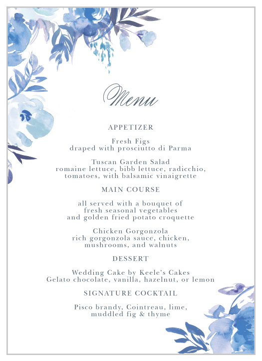 An array of monochromatic, watercolored wildflowers grace the edges of the Comely Wildflowers Wedding Menus.