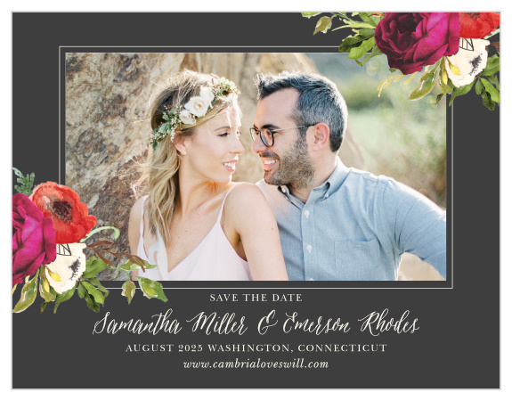 Frame your engagement photo with a vivid mix of life-like burgundy roses combined with impressionistic blooms for the Garden Romance Save-the-Date Magnets.
