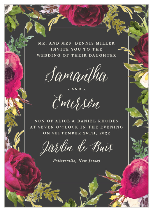A stormy grey background is contrasted by bright vintage blooms framing the Garden Romance Wedding Invitations.