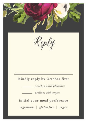 The Garden Romance Response Cards feature a stormy grey background that is contrasted by a vivid bouquet and a cream text background where your guests can pen in their response to your invitation. 