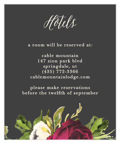 The Garden Romance Accommodation Cards feature a stormy grey background that is contrasted by a vivid bouquet and a cream colored calligraphy.