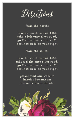The Garden Romance Direction Cards feature a stormy grey background that is contrasted by a vivid bouquet and cream colored calligraphy.