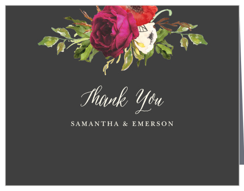 The Garden Romance Thank You Cards feature a stormy grey background that is contrasted by a vivid bouquet and a cream colored calligraphy.
