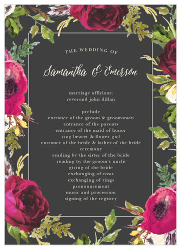 A stormy grey background is contrasted by bright vintage blooms framing the Garden Romance Wedding Programs.