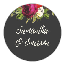 The Garden Romance Wedding Stickers feature a stormy grey background that is contrasted by a vivid bouquet and your names in an elegant cream colored calligraphy.