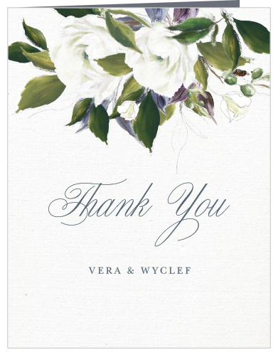 The Elegant Aristocrat Wedding Thank You Cards are a vintage marvel, with a canvas background topped with painted blooms and elegant script. 
