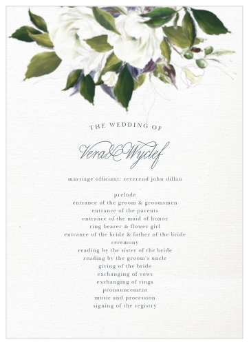 The Elegant Aristocrat Wedding Programs are a vintage marvel, with a canvas background topped with painted blooms and elegant script.