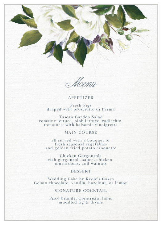 The Elegant Aristocrat Wedding Menus feature a gorgeous display of vintage painted blooms atop a textured canvas background. 