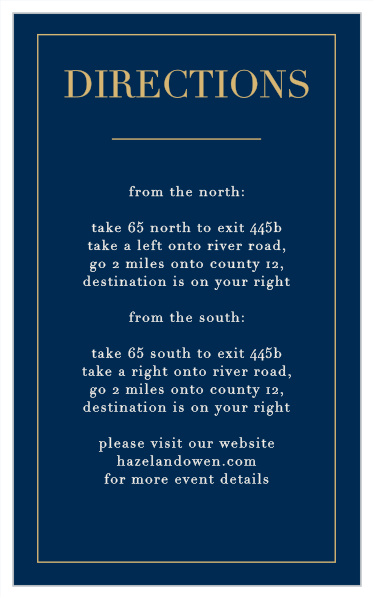 The Moonlit Honeysuckle Foil Direction Cards feature a gorgeous color and foil combination of rich navy and our notorious raised gold foil.
