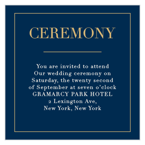 The Moonlit Honeysuckle Foil Ceremony Cards feature a gorgeous color and foil combination of rich navy and our notorious raised gold foil.