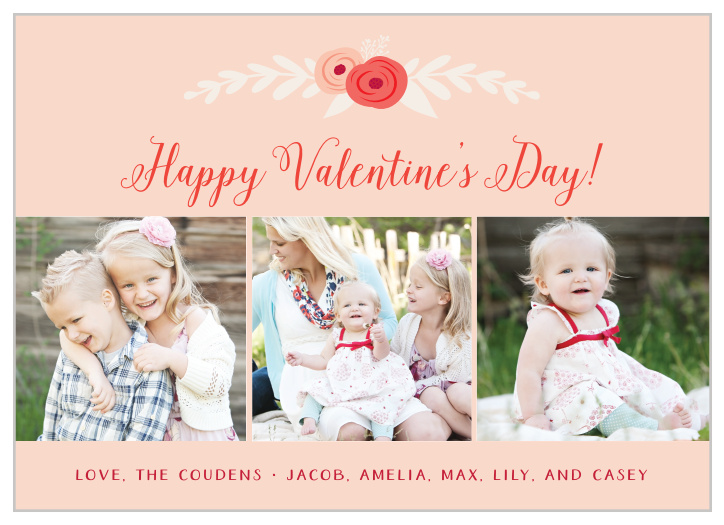 An illustrated floral arrangement sits above your greeting and three of your photos.