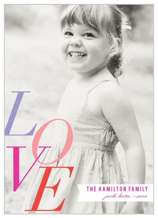 Select a cherished photo as the background to a colorful stack of "LOVE" for the Elegant Love Valentine's Day Cards.