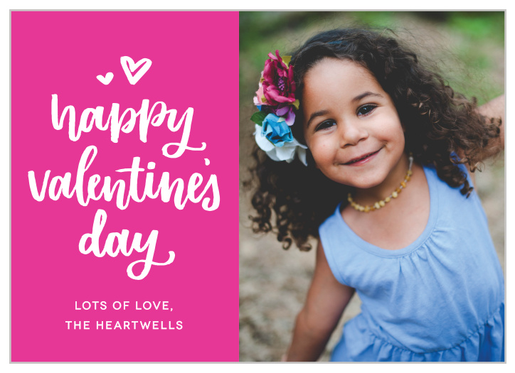 Our Heartfelt Pop Valentine's Day Cards are delightfully divided into two beautiful sections: the right side of the card bears a favorite photo of yours, while the left side is highlighted in vibrant pink and then covered in a flowing calligraphy, a classic print, and several illustrations of hearts.