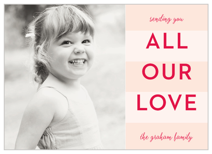 Place a photo next to a light pink striped background topped with raspberry red text.