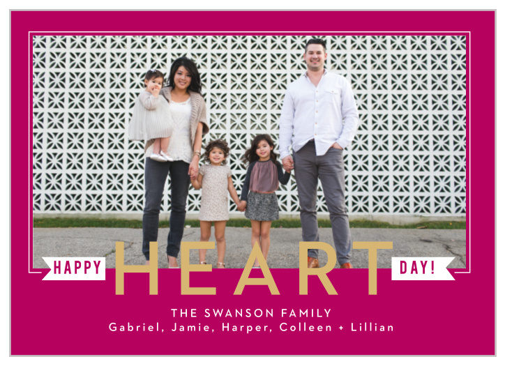 A vibrant pink serves as the background for our Heart Flags Foil Valentine's Day Cards.