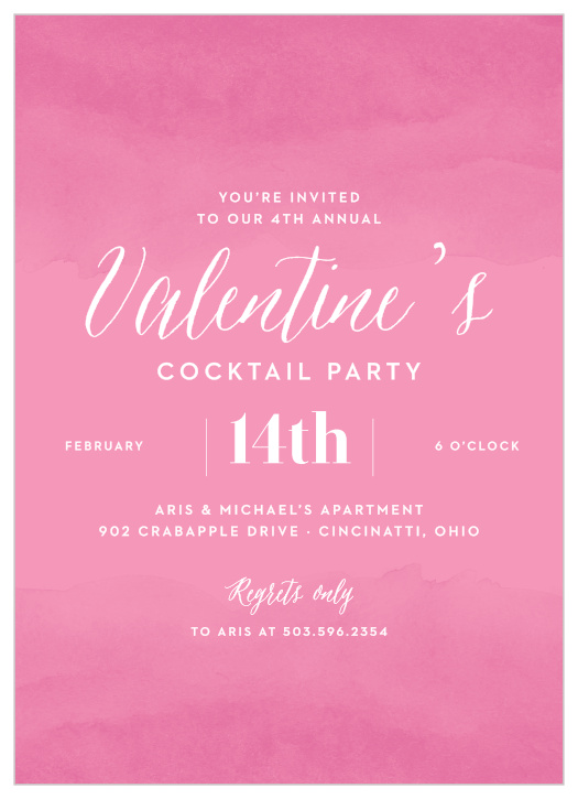 The Watercolor Love Valentine's Day Party Invitation are awash in a french rose pink with a romantic, casual script in white.