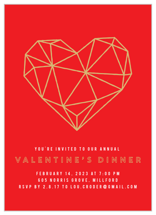 The Geo Heart Foil Valentine's Day Party Invitation uses a bright poppy red background against our notorious raised-gold foil in the form of a prism heart.