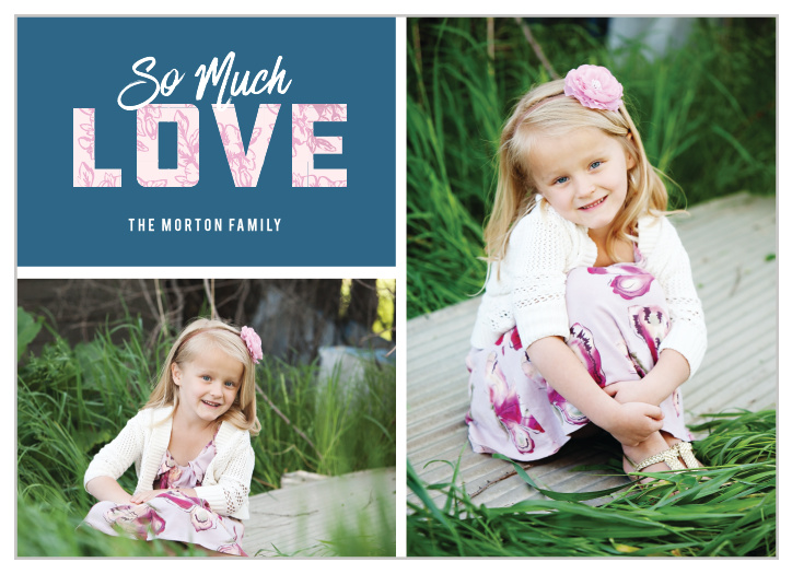The Love Grid Valentine's Day Cards feature a floral patterned "LOVE" amid two of your gorgeous photos!