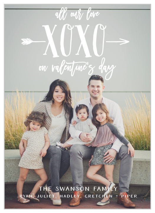 Modern Lovestruck Valentine's Day Cards offer modern simplicity for a classic sentiment; share your love with your friends and family using your favorite photo as a background, a delightful calligraphy for your message of love, and the timeless imagery of "XOXO" pierced by one of Cupid's arrows.