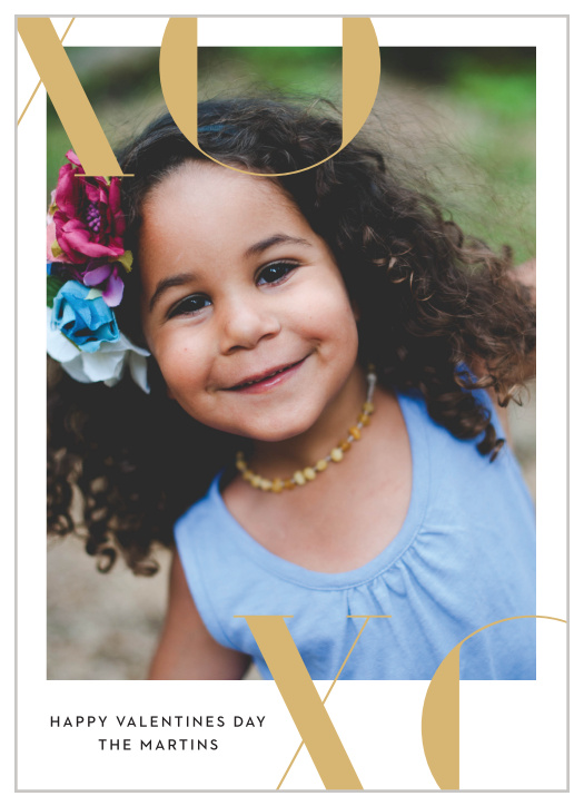 A large, gold-foiled XOXO graces the edges of your photo on the Modern XO Foil Valentine's Day Cards.