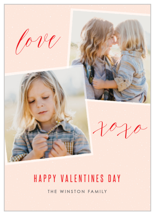 Choose two of your photos to be scattered across a speckled, light coral background, amidst a red scripted "love" and "xoxo".