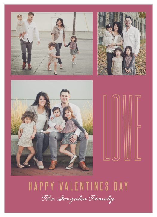 "Love" is outlined in our notorious raised gold foil for the Simple Grid Foil Valentine's Day Cards.