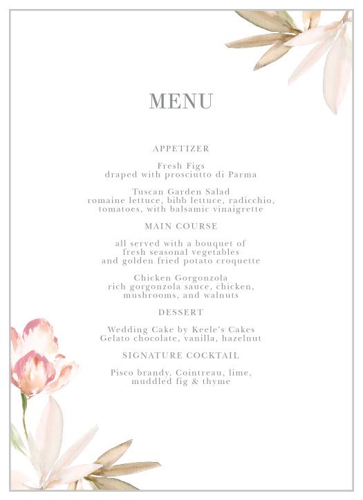Let your guest know what they can eat at your wedding using the Darling Watercolor Wedding Menus.