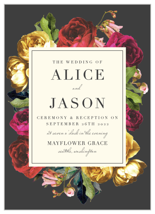 Focusing on a vintage look with modern touches, our Rose Floristry Wedding Invitations feature a central place card in cream that contains your invitational text.