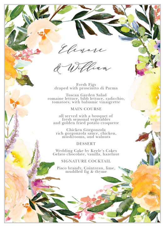Let your guest know what they can eat at your wedding using the Willow Wreath Wedding Menus.