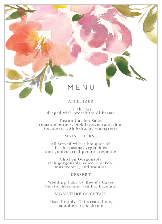 Let your guest know what they can eat at your wedding using the Floral Felicity Wedding Menus.