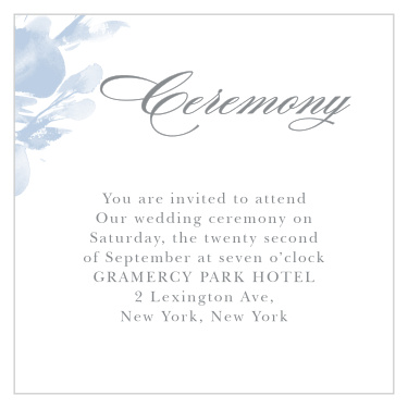 The Subtle Fleuriste Ceremony Cards are edged with soft blue, washed-out blooms.