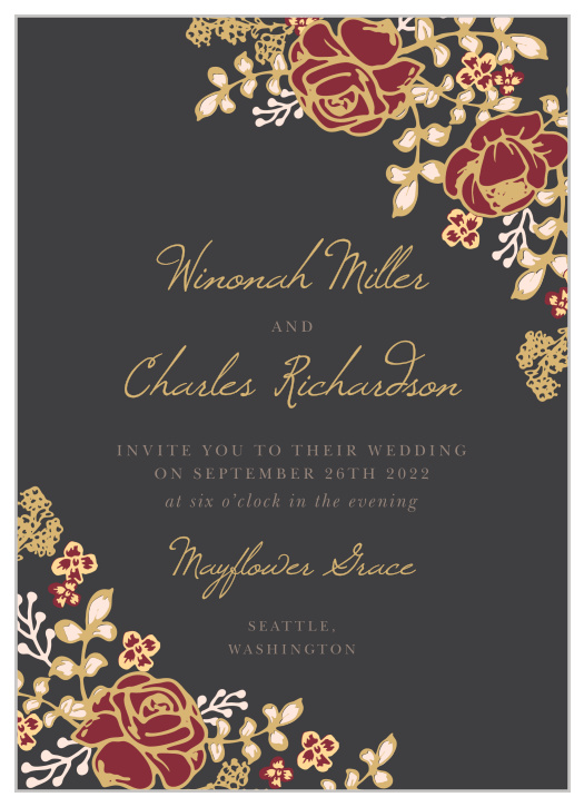 Vibrant rose arrangements decorate the edges of the Opulent Floweret Foil Wedding Invitations.