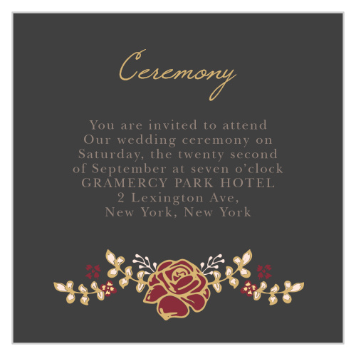 The Opulent Floweret Foil Ceremony Cards have a stormy gray backdrop with a raised gold-foil rose arrangement and calligraphy.