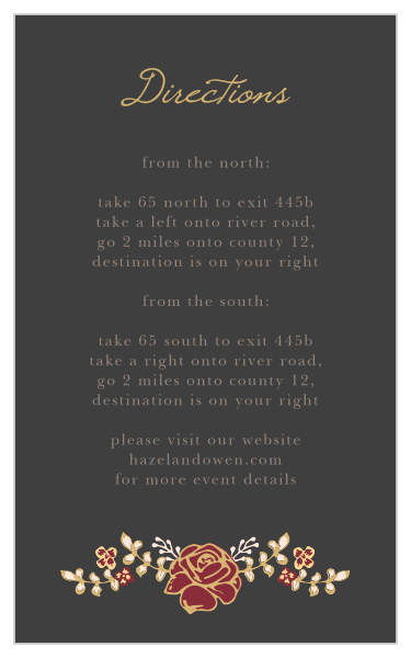 The Opulent Floweret Foil Direction Cards have a stormy gray backdrop with a raised gold-foil rose arrangement and calligraphy.