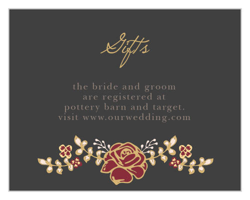 The Opulent Floweret Foil Registry Cards have a stormy gray backdrop with a raised gold-foil rose arrangement and calligraphy.