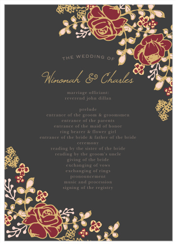 Vibrant rose arrangements decorate the edges of the Opulent Floweret Foil Wedding Programs.