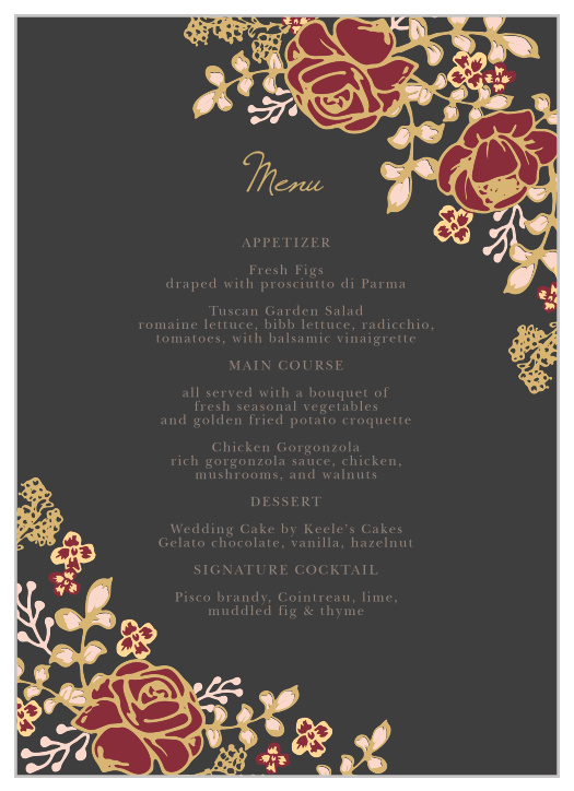 Vibrant rose arrangements decorate the edges of the Opulent Floweret Foil Wedding Menus.