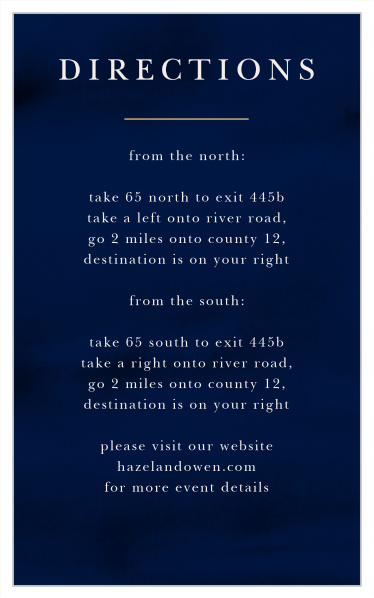 Guide your guests to the venue of your dreams with our stunning Indigo Infatuation Foil Direction Cards.